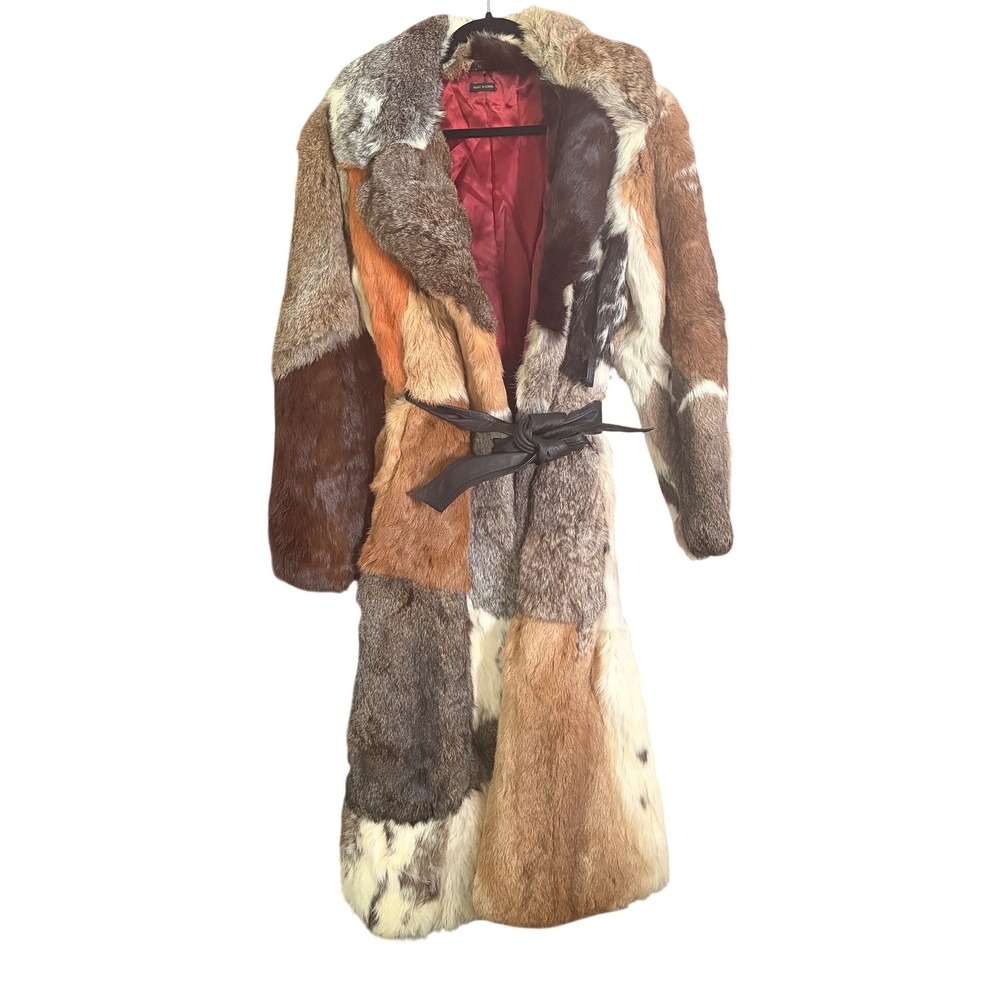 Vintage Patchwork 1970s Belted Rabbit Fur Coat Multicolor Trench Long 11/12